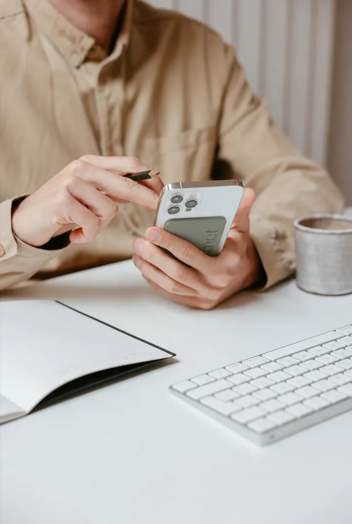 Des mains tenant un téléphone équipé de Carnet, au-dessus d’un bureau clair