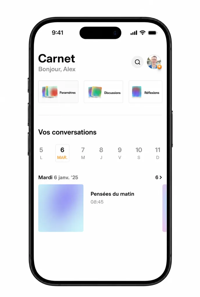 Écran de l’application Carnet listant les conversations du jour par date