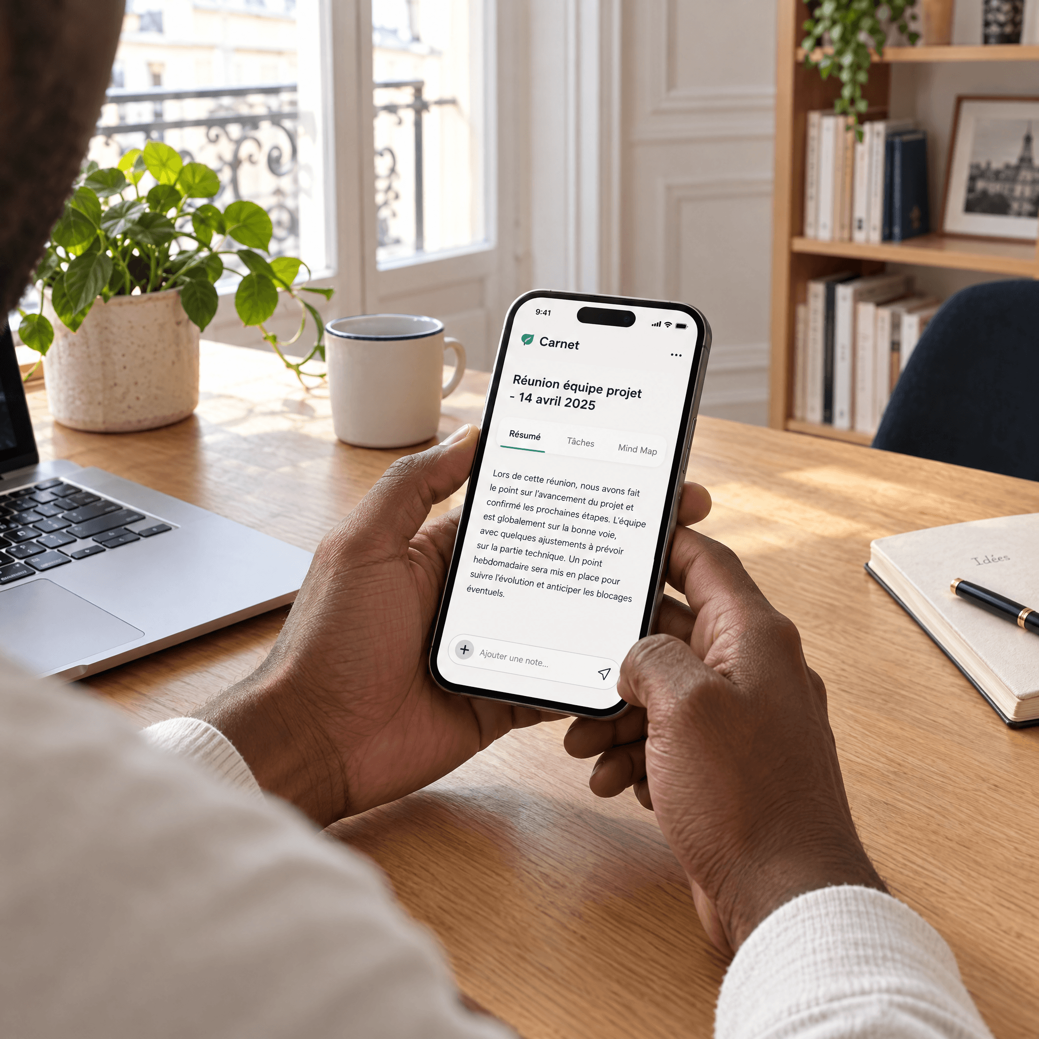 Un téléphone affichant le résumé d’une conversation, tenu à deux mains