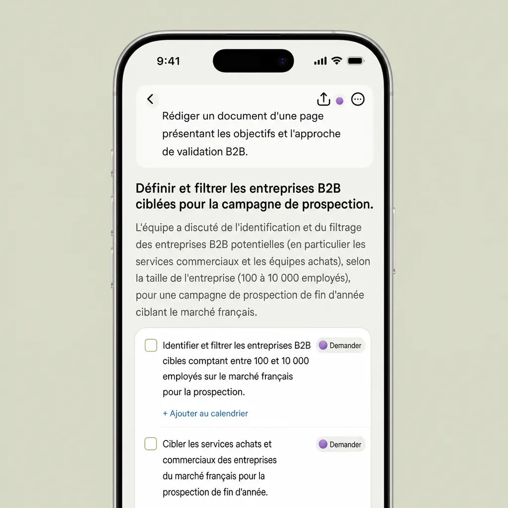 L’application Carnet affichant les actions extraites d’une réunion