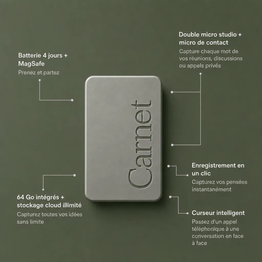 Les caractéristiques du Carnet annotées autour de l’objet