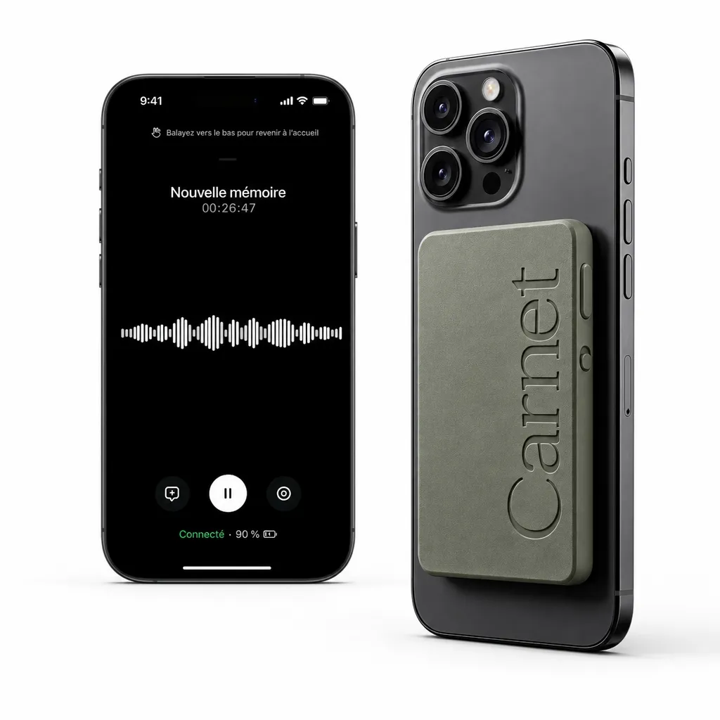 Un enregistrement en cours affiché à l’écran, Carnet fixé au dos du téléphone